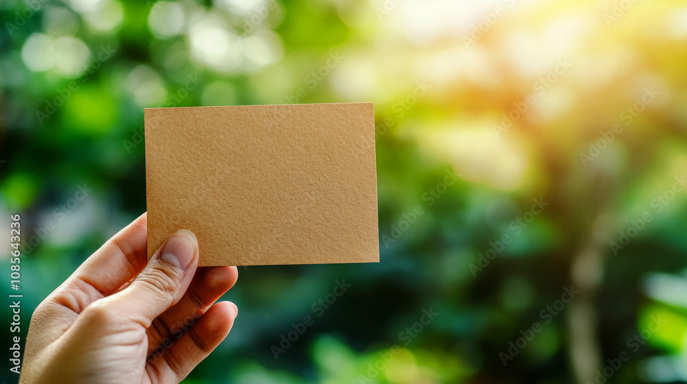 Hand Holding Blank Brown Card Against Nature Background with Soft Focus and Warm Light for Custom Message or Invitation in Natural Setting Hand Holding Blank Brown Card Against Nature Background with Soft Focus and Warm Light for Custom Message or Invitation in Natural Setting