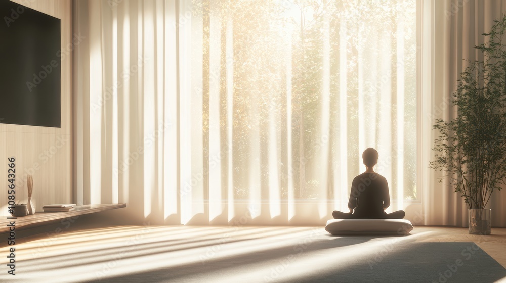 A person is sitting on a cushion in a room with a window A person is sitting on a cushion in a room with a window