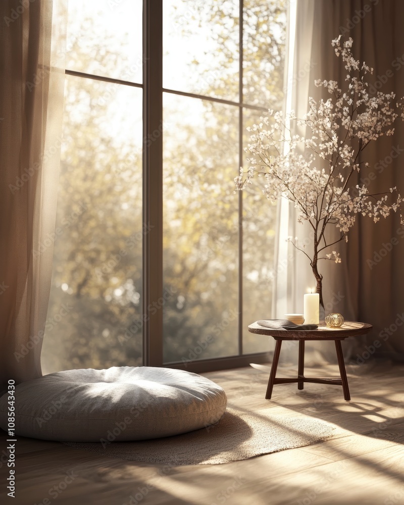Fototapeta premium A room with a window and a white pillow on the floor