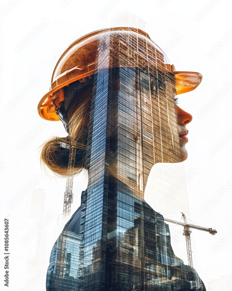 Under-construction skyscraper shown in a double exposure portrait of a female engineer Under-construction skyscraper shown in a double exposure portrait of a female engineer