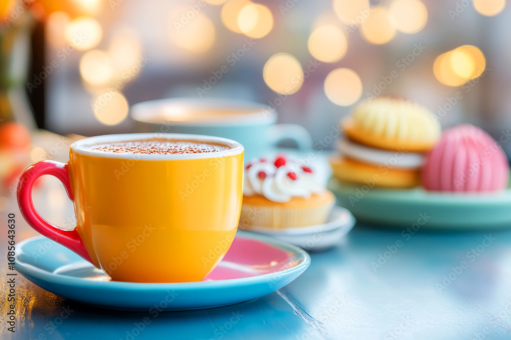 Bright and Colorful Coffee Cup with Delicious Pastries on a Cozy Table, Perfect for Morning Moments or Sweet Afternoon Treats with Bokeh Effect Bright and Colorful Coffee Cup with Delicious Pastries on a Cozy Table, Perfect for Morning Moments or Sweet Afternoon Treats with Bokeh Effect