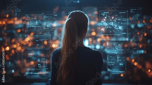 Wallpaper Mural Futuristic business meeting holographic displays diverse professionals discussing strategic roadmaps surrounded digital graphs and innovation symbols Torontodigital.ca