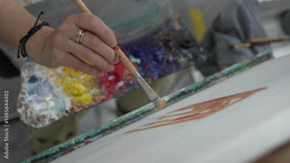 Painter is wetting light blue paint on a colorful abstract painting using a paintbrush Painter is wetting light blue paint on a colorful abstract painting using a paintbrush