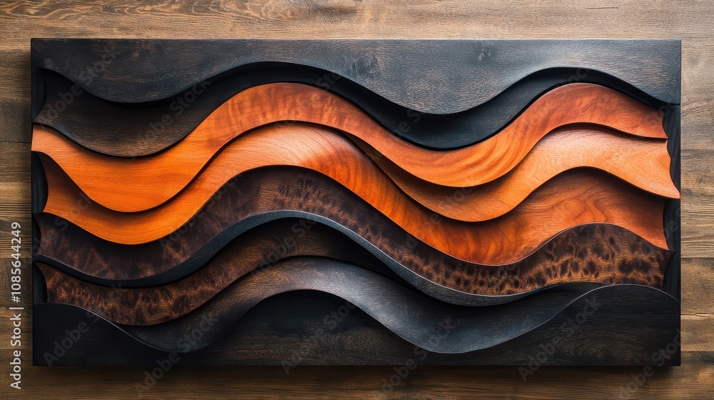 Una serie de ondas de madera con una mezcla de colores marrón, negro y naranja. Las ondas están talladas en madera, creando un diseño único y artÃstico. La escena es Una serie de ondas de madera con una mezcla de colores marrón, negro y naranja. Las ondas están talladas en madera, creando un diseño único y artÃstico. La escena es