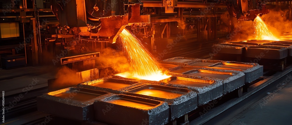 Molten metal pouring in industrial facility. Molten metal pouring in industrial facility.