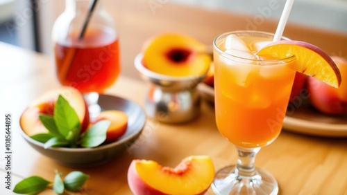 Refreshing Summer Peach Drinks with Fresh Fruits and Mint Leaves - Perfect for Relaxation and Enjoyment