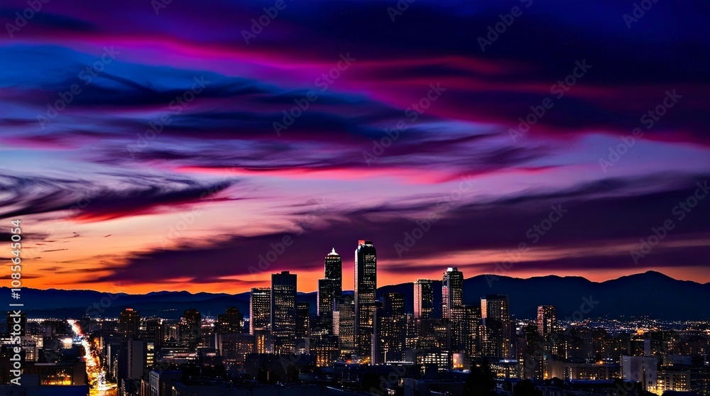 Obraz premium city ​​skyline view at dusk with dramatic sky