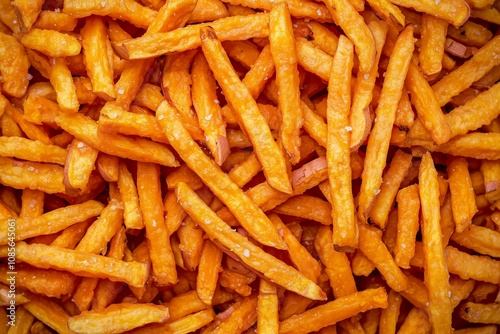 Close-Up of Sweet Potato Fries, Emphasizing Crispy, Golden-Brown Texture and Vibrant Orange Hues. Ideal for Snack Food Campaigns, Recipe Sites, or Social Media Posts