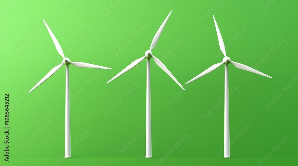 Three White Wind Turbines with Blades Spinning on a Vibrant Green Background Representing Renewable Energy, Sustainability, and Eco-Friendly Technology Three White Wind Turbines with Blades Spinning on a Vibrant Green Background Representing Renewable Energy, Sustainability, and Eco-Friendly Technology