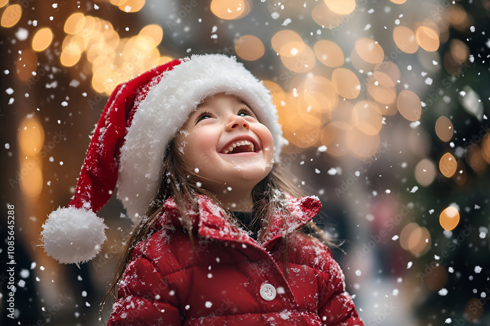 Joyful child in a Santa hat enjoying the holiday snowfall, Christmas Joyful child in a Santa hat enjoying the holiday snowfall, Christmas