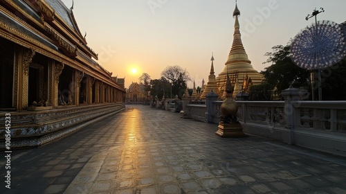 Serene Sunset Over Golden Temple Pathway