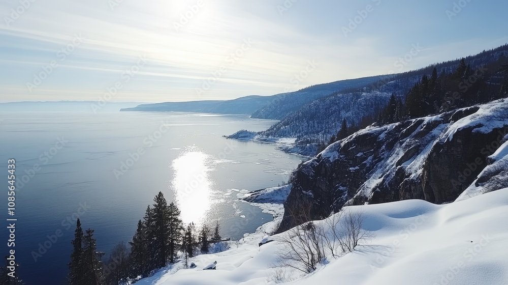 Obraz premium Serene Winter Landscape by the Frozen Lake