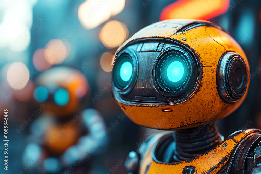 Charming Bright-Eyed Robot in a Futuristic Cityscape with Blurred Background and Neon Lighting, Evoking a Playful Sense of Technology and Wonder in a Sci-Fi World Charming Bright-Eyed Robot in a Futuristic Cityscape with Blurred Background and Neon Lighting, Evoking a Playful Sense of Technology and Wonder in a Sci-Fi World