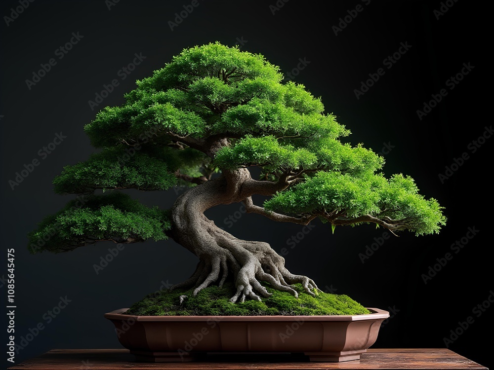 Beautiful Japanese green bonsai tree planted in a brown ceramic pot placed against dark background. Beautiful Japanese green bonsai tree planted in a brown ceramic pot placed against dark background.