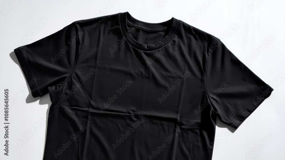 Minimalist black t-shirt displayed on a clean background, showcasing its sleek design and fabric texture. Minimalist black t-shirt displayed on a clean background, showcasing its sleek design and fabric texture.