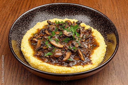 Rustic Polenta Dish with Wild Boar Ragout, Captured Up Close to Emphasize Creamy and Savory Layers. Great for Gourmet Recipe Books, Blog Posts, or Food Photography. photo