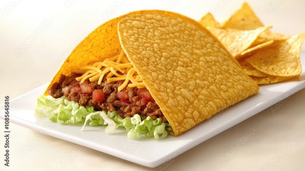 Delicious taco with toppings and crispy chips Delicious taco with toppings and crispy chips