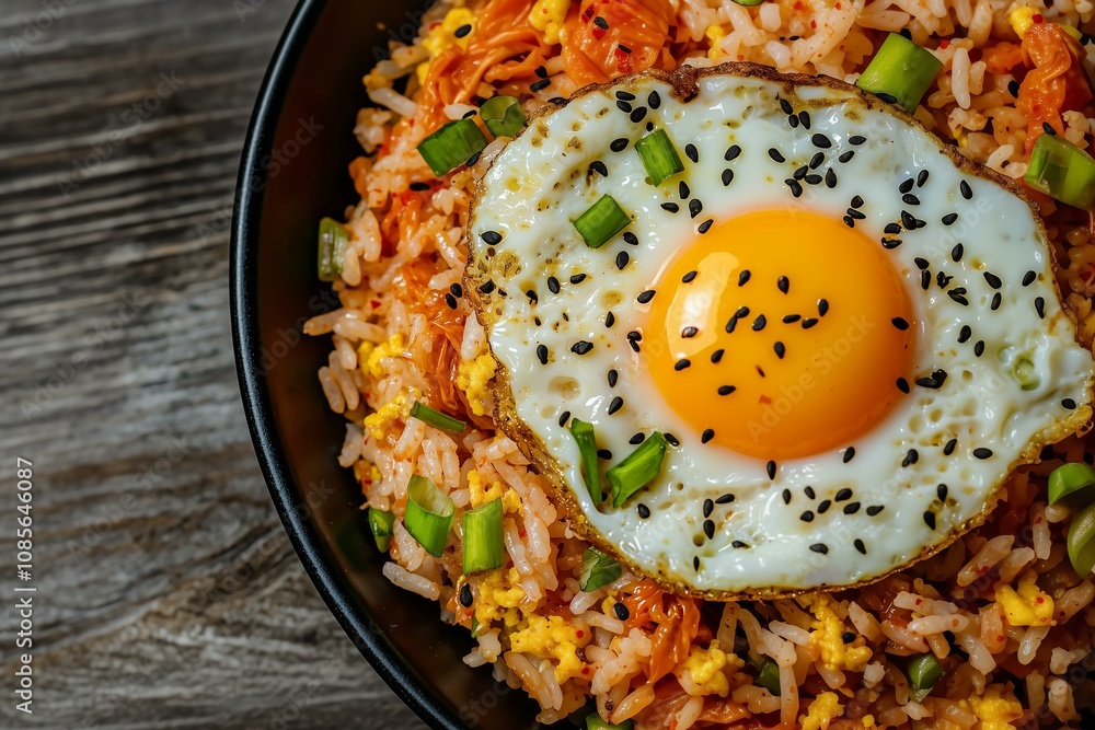 Kimchi Fried Rice with a Crispy Fried Egg, Rich in Spice and Texture, Captured in a Detailed Close-Up. Suitable for Korean Food Promotions, Blog Posts, or Recipe Features Kimchi Fried Rice with a Crispy Fried Egg, Rich in Spice and Texture, Captured in a Detailed Close-Up. Suitable for Korean Food Promotions, Blog Posts, or Recipe Features