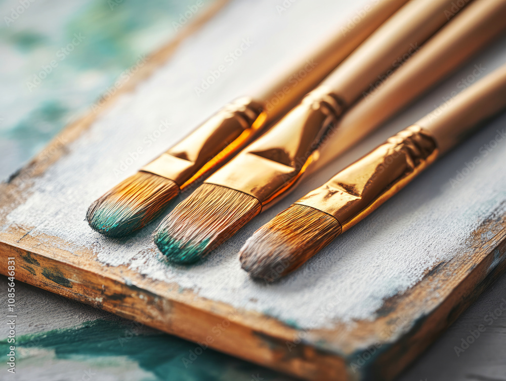 Close-Up of Artistic Brushes on a Wooden Palette with Green and Brown Paint, Perfect for Creative Pursuits, Painting Projects, and Art Supplies Showcase Close-Up of Artistic Brushes on a Wooden Palette with Green and Brown Paint, Perfect for Creative Pursuits, Painting Projects, and Art Supplies Showcase