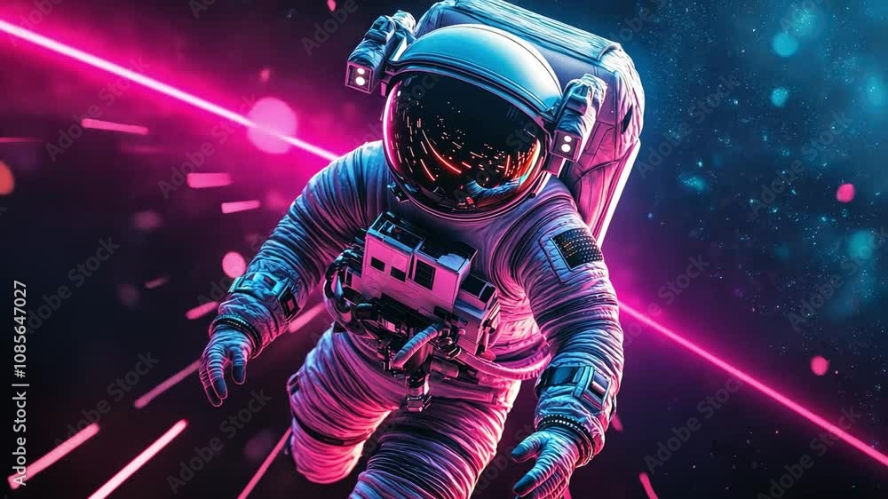 Astronaut in Neon Space: A futuristic astronaut floats through a vibrant, neon-lit space landscape, radiating a sense of adventure and exploration. Astronaut in Neon Space: A futuristic astronaut floats through a vibrant, neon-lit space landscape, radiating a sense of adventure and exploration.