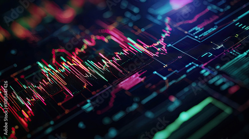 A vibrant digital representation of financial data, showcasing colorful graphs and waveforms, illustrating market trends and analytics.