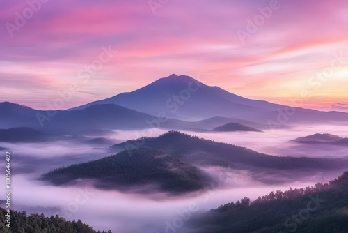 Foggy mountain forest scene with wide-angle perspective. Beautiful simple AI generated image