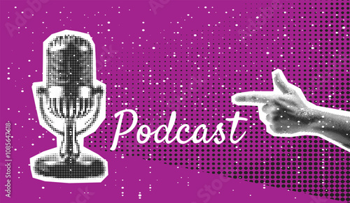 Trendy Halftone Collage with hand pointing to Studio Microphone for Podcast. Broadcast recording. Listen to educational content. Online radio. Audio streaming service. Contemporary vector art
