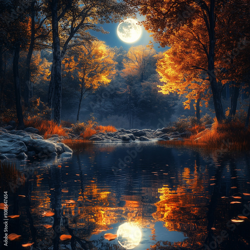 Enchanted forest and a lake with a full moon. Generative art, digital art.