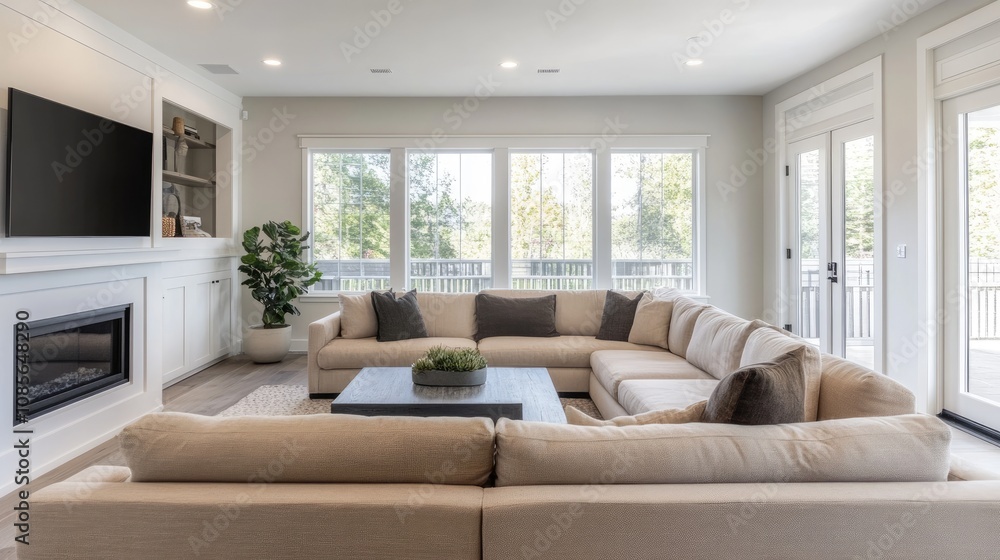 Open-plan family room in minimalist style, neutral tones, large comfortable seating, and a small plant by the window Open-plan family room in minimalist style, neutral tones, large comfortable seating, and a small plant by the window