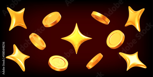 3d golden sparkle stars and coin set. Stock vector illustration on black isolated background.	