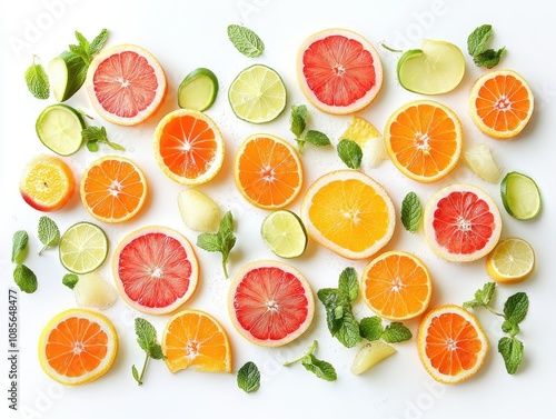 Refreshing fruit-infused water with citrus slices and mint arranged on a white background