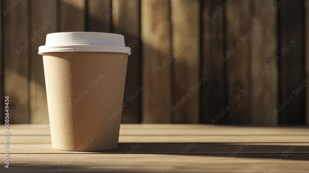 A blank brown paper coffee cup against a wooden wall background. A blank brown paper coffee cup against a wooden wall background.