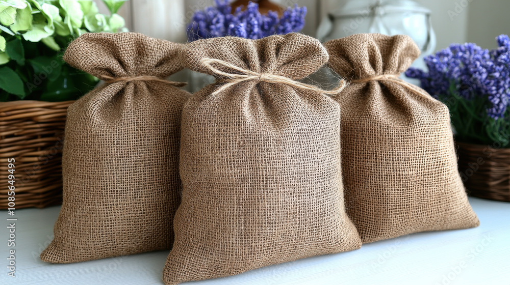 Natural burlap bags with tied tops, placed on white table, surrounded by lavender flowers and greenery, create serene and rustic atmosphere Natural burlap bags with tied tops, placed on white table, surrounded by lavender flowers and greenery, create serene and rustic atmosphere