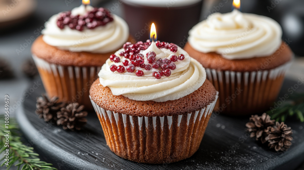 Delicious cupcakes with creamy frosting and festive candles, perfect for celebrations. rich texture and sweet toppings create delightful treat for any occasion Delicious cupcakes with creamy frosting and festive candles, perfect for celebrations. rich texture and sweet toppings create delightful treat for any occasion