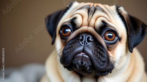 Close-up portrait of a Pug dog with big brown eyes. Concept of pet love, canine breeds, and animal companionship.