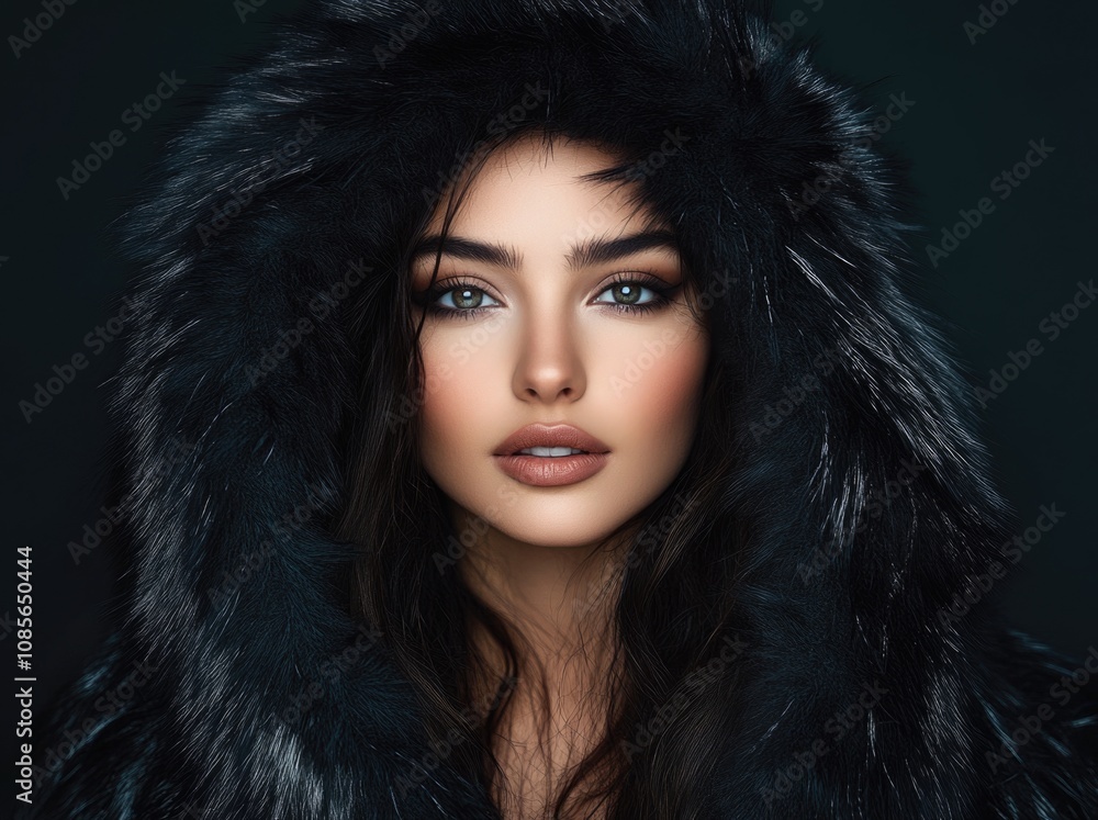 A beautiful woman in a black fur coat with a hood, against a dark background. A beautiful woman in a black fur coat with a hood, against a dark background.