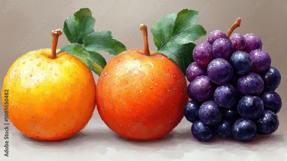 Fresh oranges and grapes with green leaves, showcasing vibrant colors and textures. This organic arrangement highlights beauty of nature bounty Fresh oranges and grapes with green leaves, showcasing vibrant colors and textures. This organic arrangement highlights beauty of nature bounty