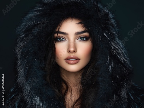 A beautiful woman in a black fur coat with a hood, against a dark background.