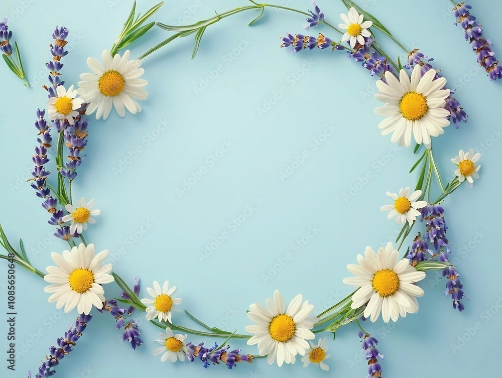 Obraz premium Floral Wreath Frame with Daisies and Lavender on Soft Blue Background