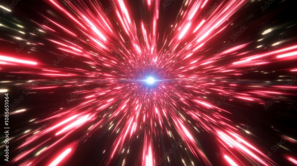 Vibrant Burst of Red and Pink Light Rays in Radial Pattern on Black Background with Blue Focal Point Vibrant Burst of Red and Pink Light Rays in Radial Pattern on Black Background with Blue Focal Point