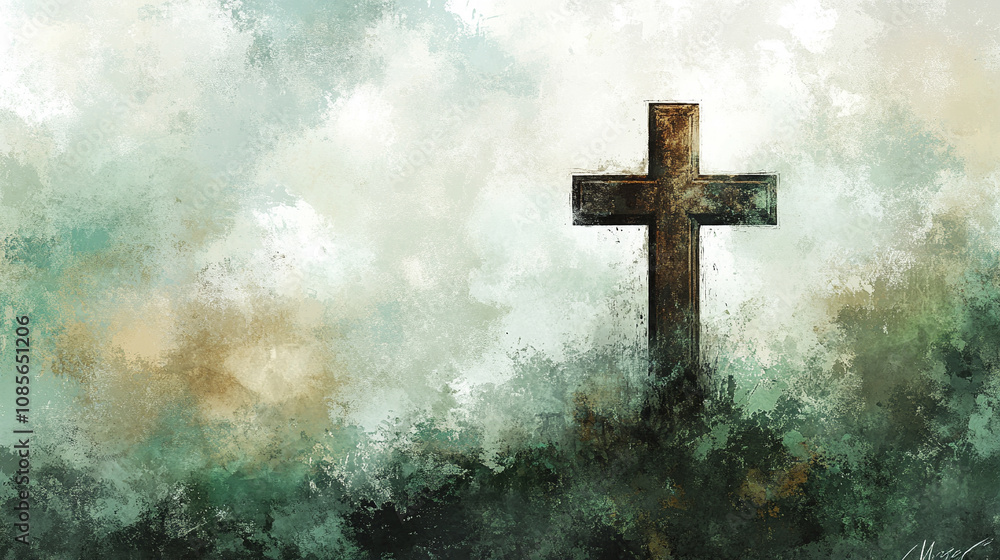 Fototapeta premium simple white cross stands against a minimalistic bright light background, symbolizing faith, hope, and spirituality, with a clean, modern aesthetic emphasizing purity and enlightenment