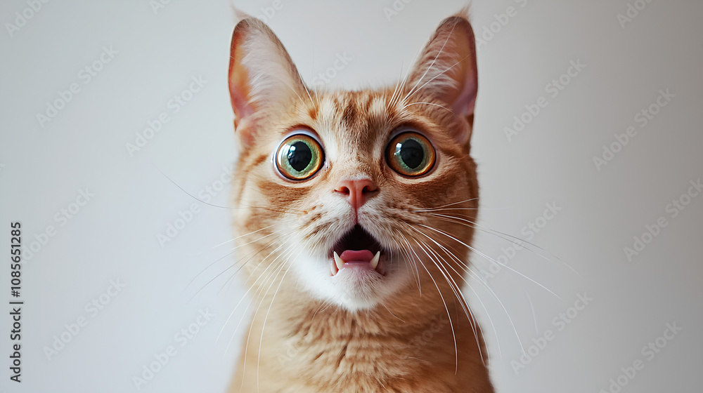 Close-up of a ginger cat looking surprised with wide, green eyes and an open mouth, isolated on a neutral background.
Close-up of a ginger cat looking surprised with wide, green eyes and an open mouth, isolated on a neutral background.