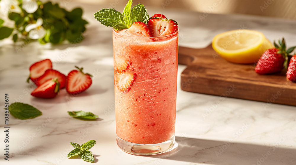 Fresh strawberry smoothie garnished with mint leaves and lemon slices, perfect for refreshing drink. Enjoy vibrant colors and delicious flavors! Fresh strawberry smoothie garnished with mint leaves and lemon slices, perfect for refreshing drink. Enjoy vibrant colors and delicious flavors!