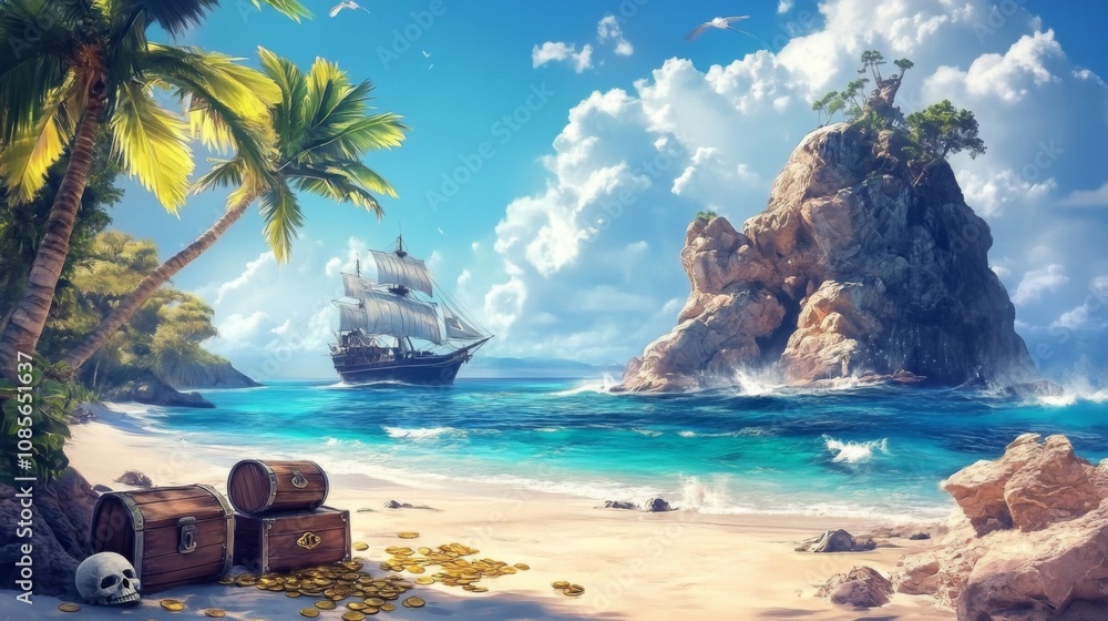 Fototapeta premium Serene tropical beach illustration with pirate ship, treasure chests, palm trees, rocks, and crystal turquoise water.