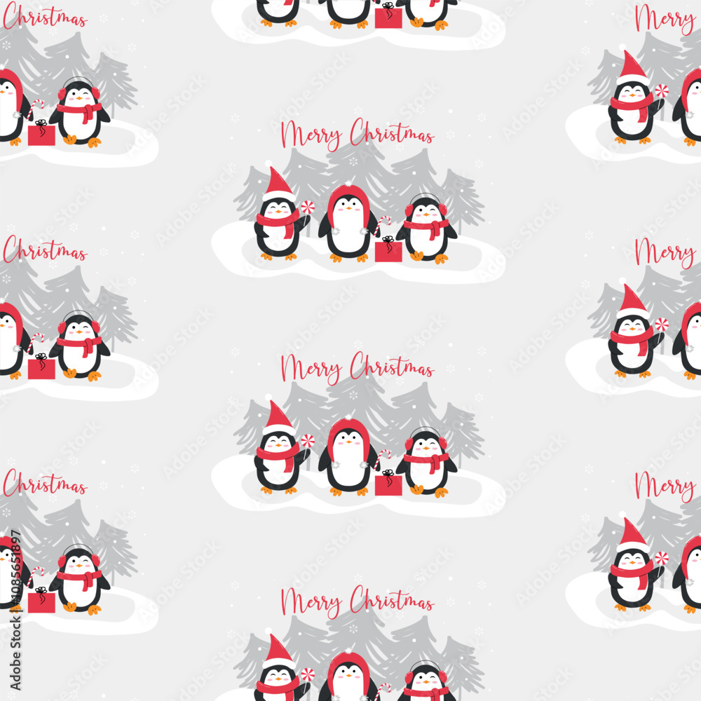 Fototapeta premium A seamless pattern featuring cute Christmas penguins with festive accessories, ideal for fabric prints, gift wrap, and holiday-themed designs.