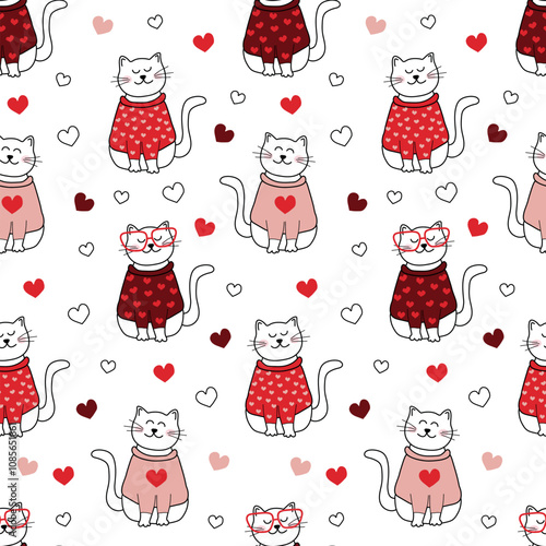 A seamless Valentine's Day pattern featuring doodle-style cats in love, perfect for romantic prints on fabric, wrapping paper, or greeting cards.