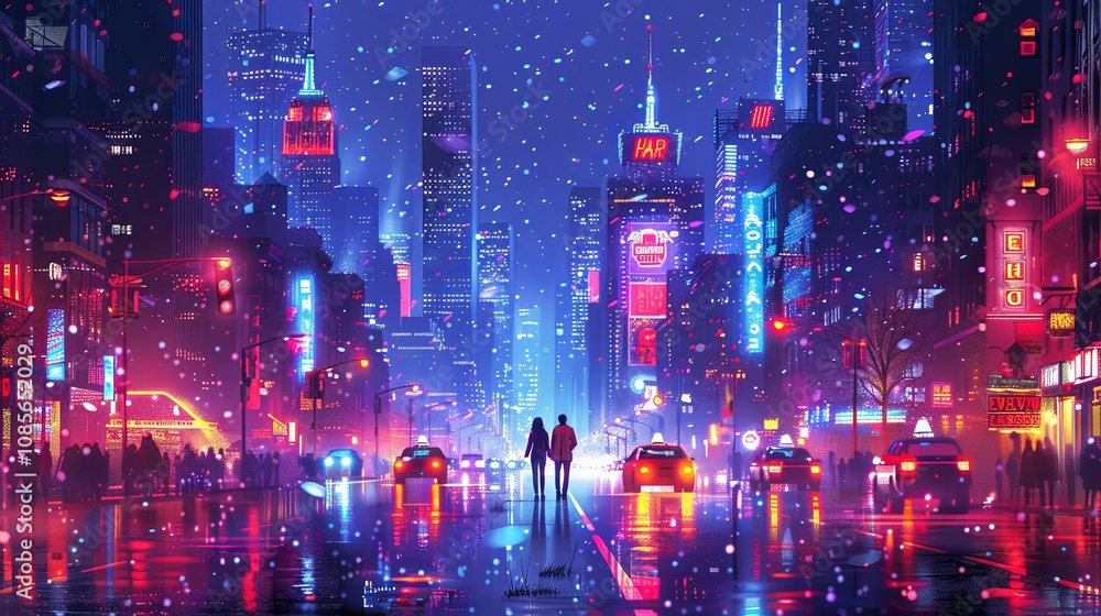 Fototapeta premium In the heart of a bustling city, neon lights flicker, and the streets are alive with movement. A young couple walks hand-in-hand down a vibrant street lined with food trucks, street performers, and ou