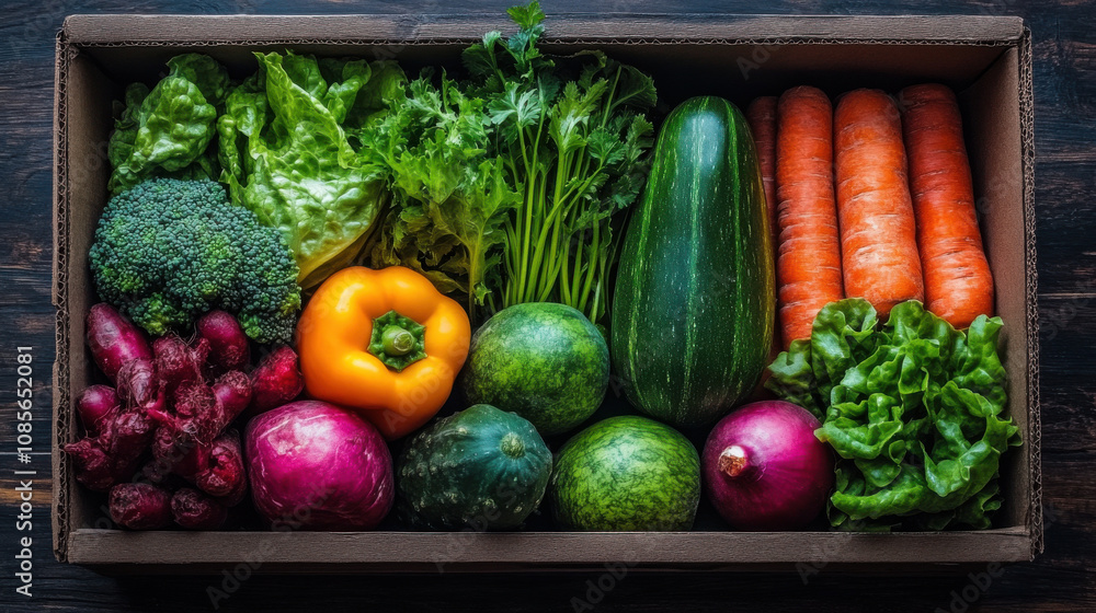Fresh vegetables in cardboard box on wooden table, including broccoli, lettuce, carrots, zucchini, bell pepper, and radishes, showcasing vibrant colors and healthy options Fresh vegetables in cardboard box on wooden table, including broccoli, lettuce, carrots, zucchini, bell pepper, and radishes, showcasing vibrant colors and healthy options
