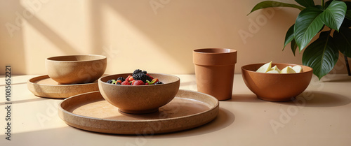 Wallpaper Mural A table with a variety of bowls and cups, including a large bowl of fruit. The bowls and cups are made of wood and are arranged in a way that creates a sense of abundance and variety Torontodigital.ca