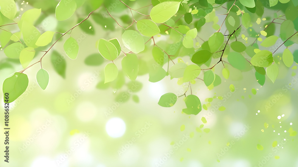 Vibrant green leaves sway gently in a soft, sunlit breeze, creating a serene and peaceful scene Vibrant green leaves sway gently in a soft, sunlit breeze, creating a serene and peaceful scene